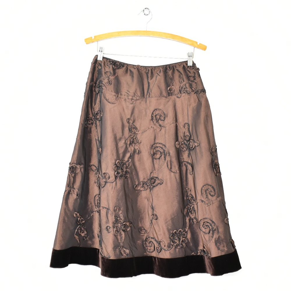 Vintage J.B.S.‎ Floral Ribbon Taffeta A-line Full Midi Skirt Medium Brown Fairy